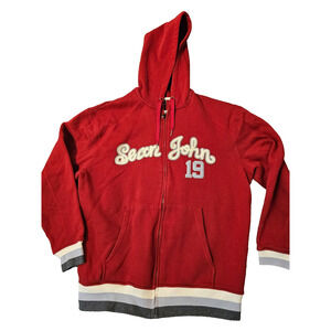 Sean John Mens Red Large Full Zip Up Hoodie Embroidered Logo Y2K Jacket Fleece